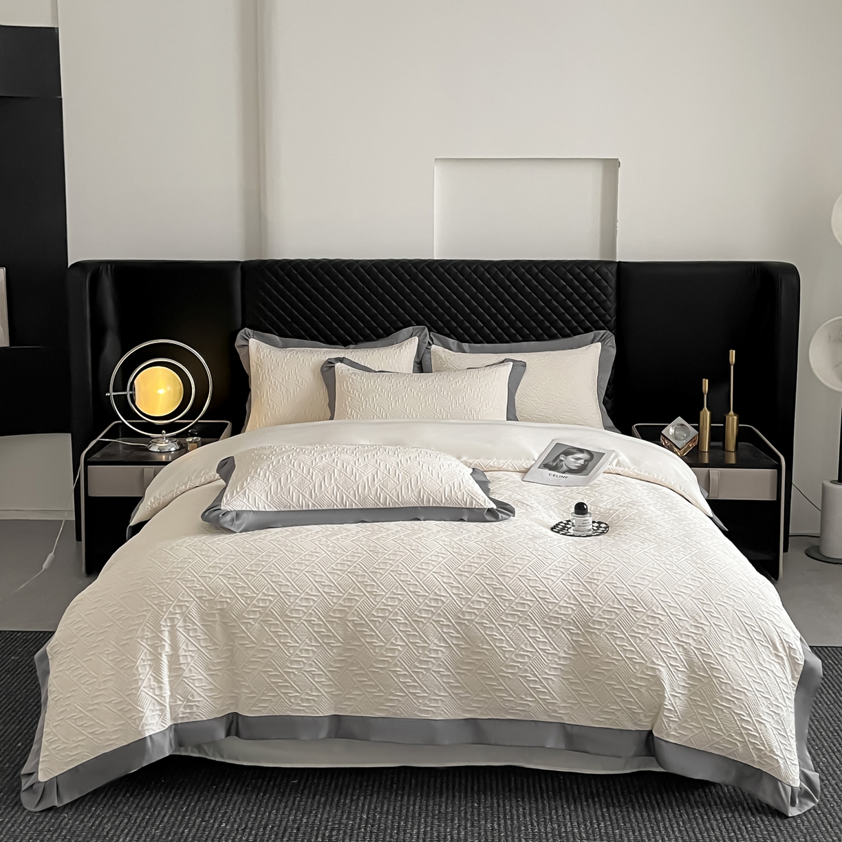 91家纺网 家纺一手货源 找家纺 澳梵家居 2026新款A类法式立体浮雕双层提花水洗冰丝四件套 卢浮宫-暖白