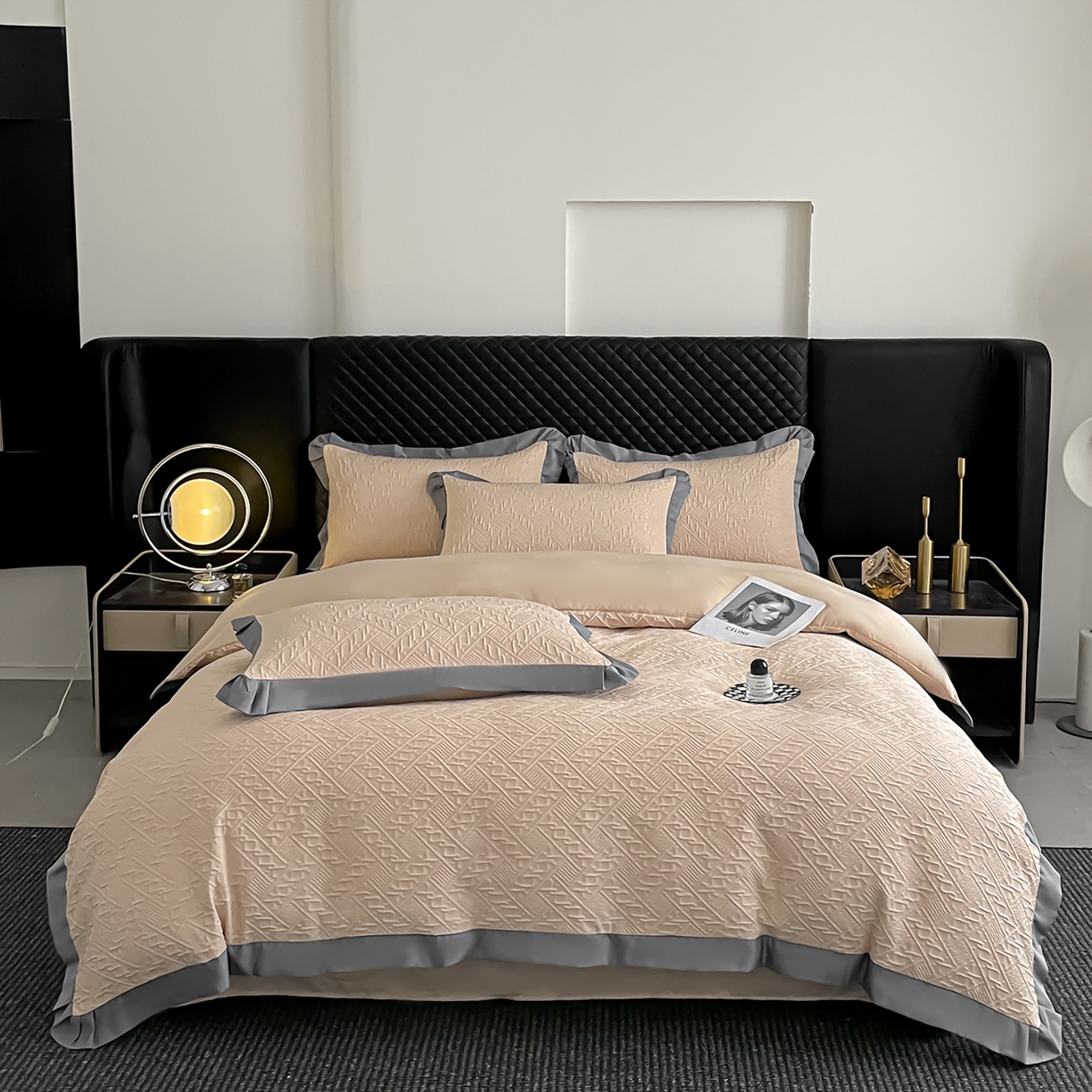 91家纺网 家纺一手货源 找家纺 澳梵家居 2026新款A类法式立体浮雕双层提花水洗冰丝四件套 卢浮宫-香槟