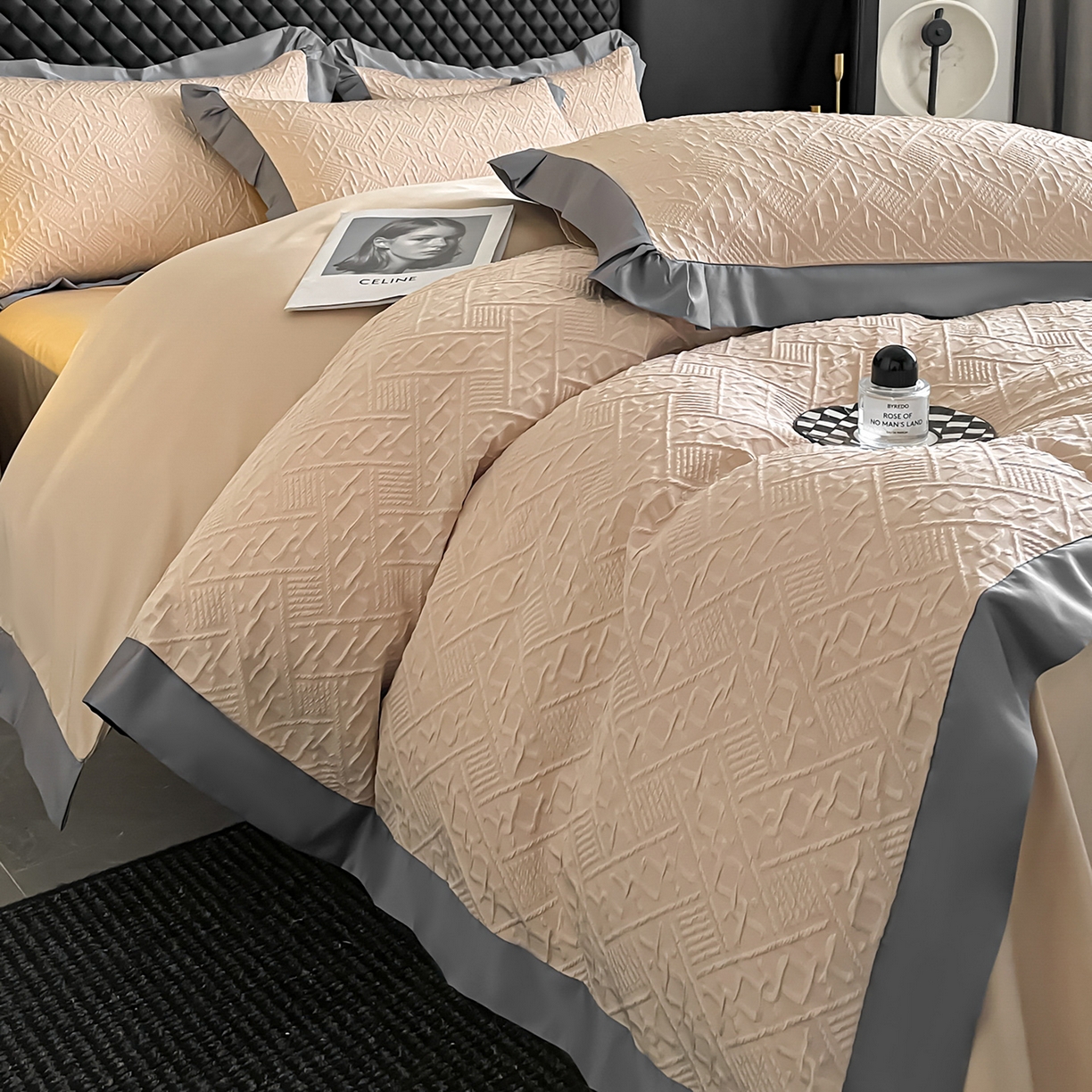 91家纺网 家纺一手货源 找家纺 澳梵家居 2026新款A类法式立体浮雕双层提花水洗冰丝四件套 卢浮宫-香槟