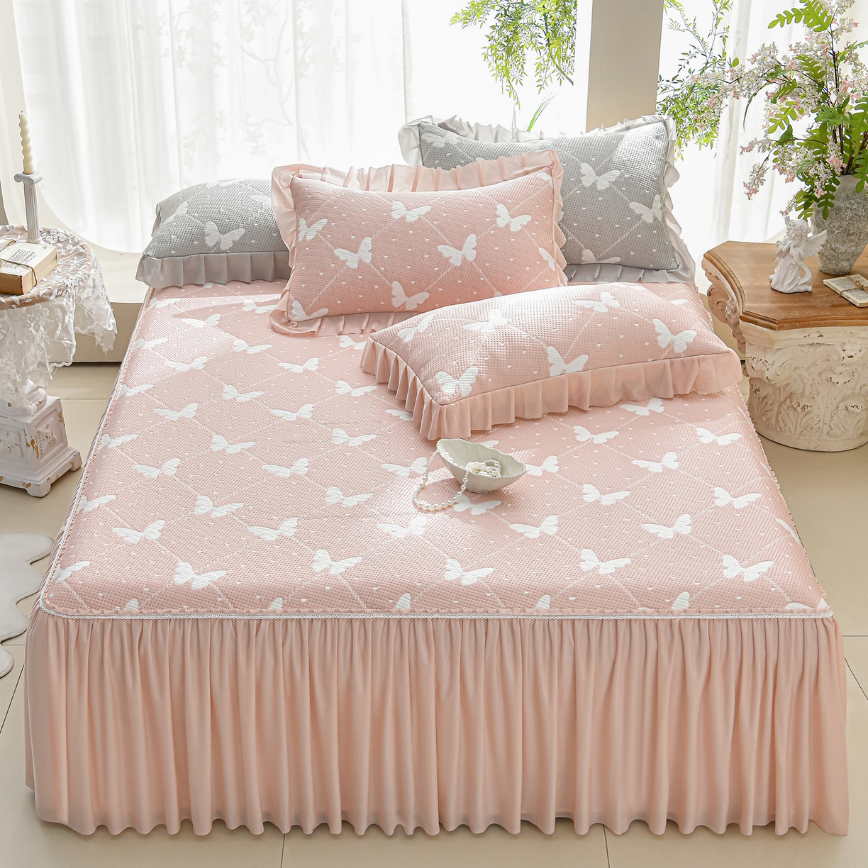 91家纺网 家纺一手货源 找家纺 （总）绘萱家居 2026春夏新款530克PE100%提花冰凉豆豆床裙款凉席席子空调软席