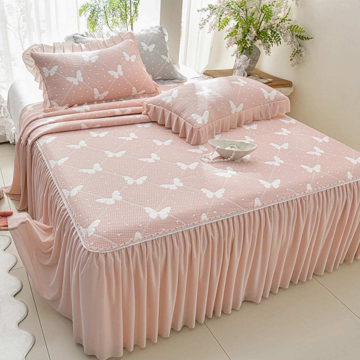 绘萱家居 2026春夏新款530克PE100%提花冰凉豆豆床裙款凉席席子空调软席 蝶儿轻舞-粉