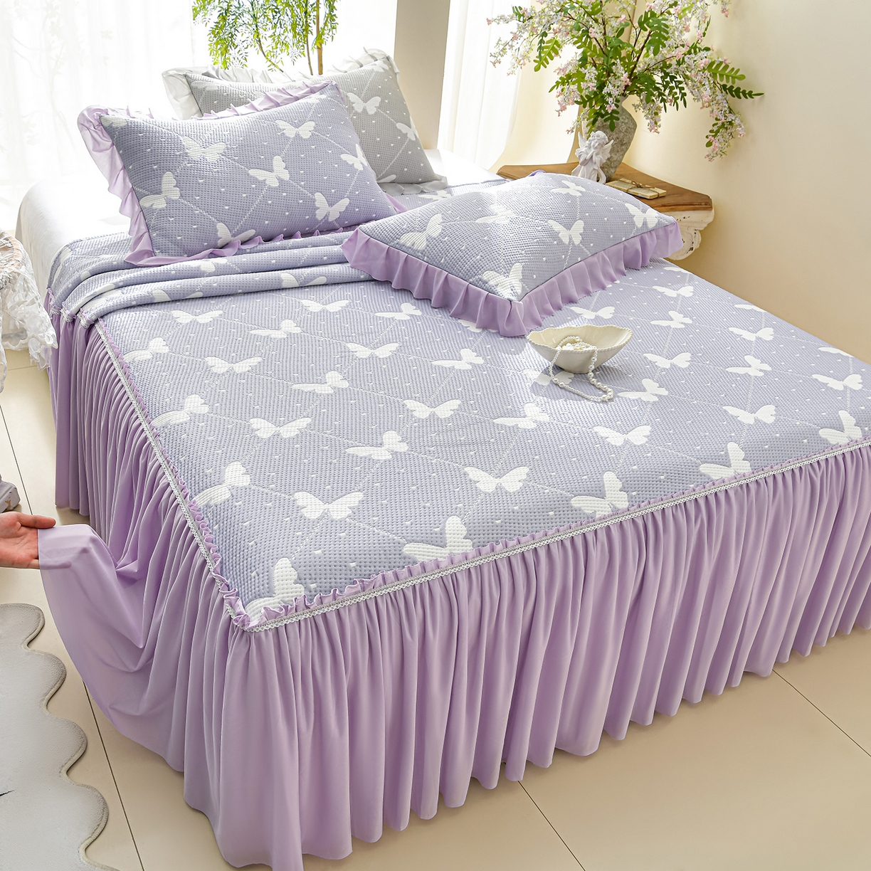 绘萱家居 2026春夏新款530克PE100%提花冰凉豆豆床裙款凉席席子空调软席 蝶儿轻舞-紫