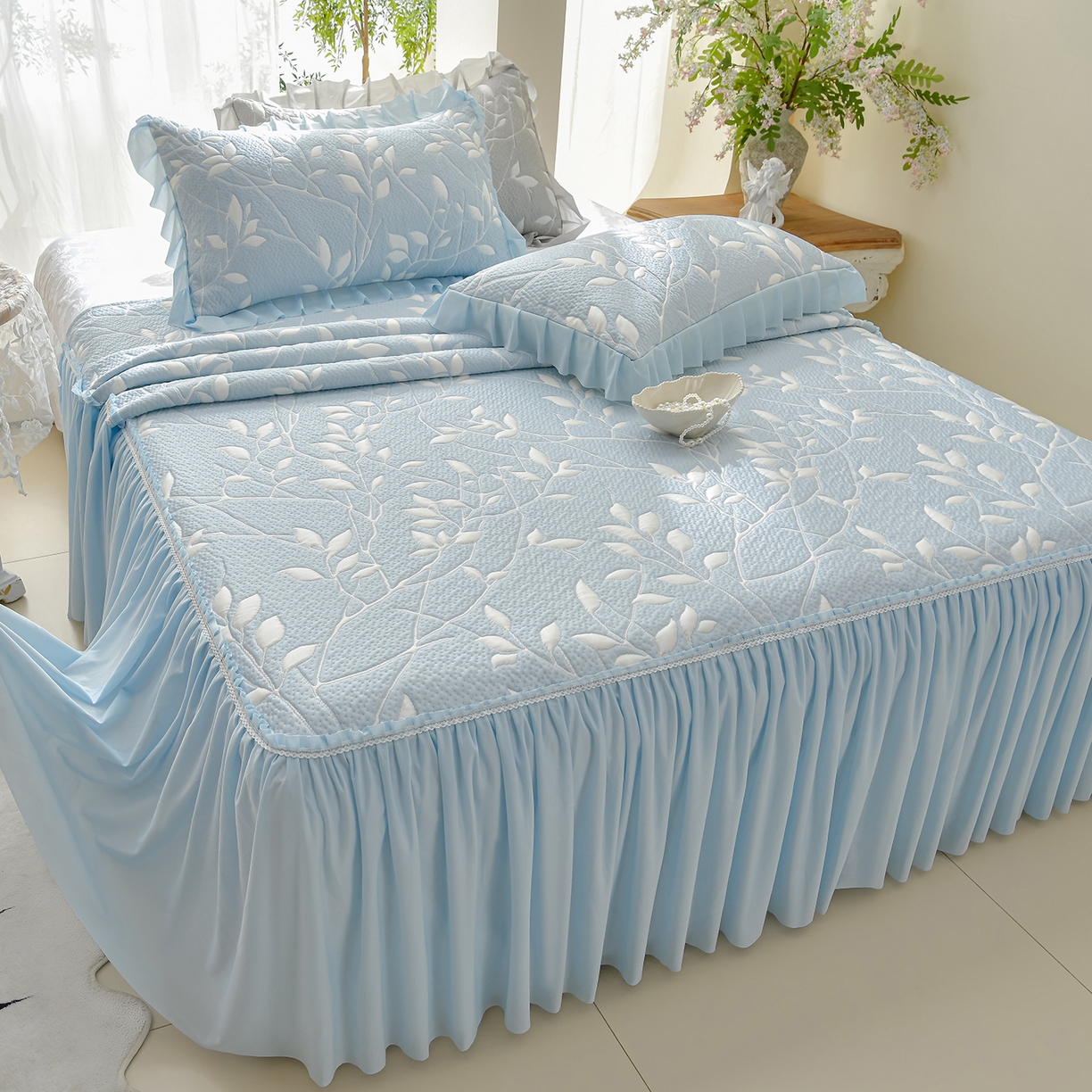 绘萱家居 2026春夏新款530克PE100%提花冰凉豆豆床裙款凉席席子空调软席 花枝招展-蓝