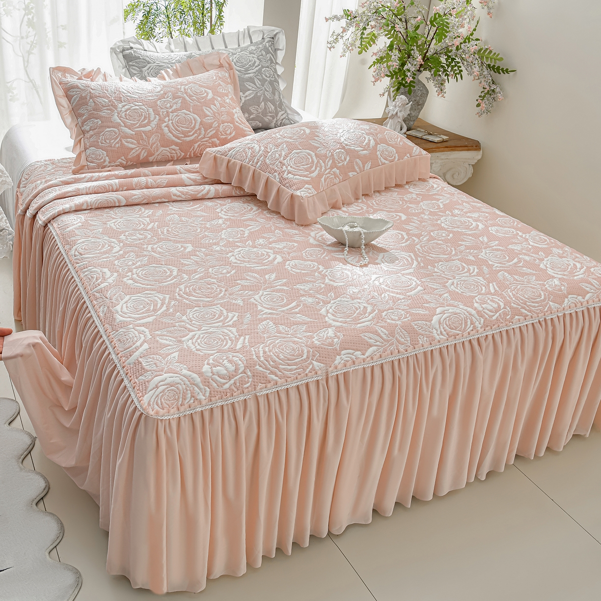 绘萱家居 2026春夏新款530克PE100%提花冰凉豆豆床裙款凉席席子空调软席 玫瑰花香-粉