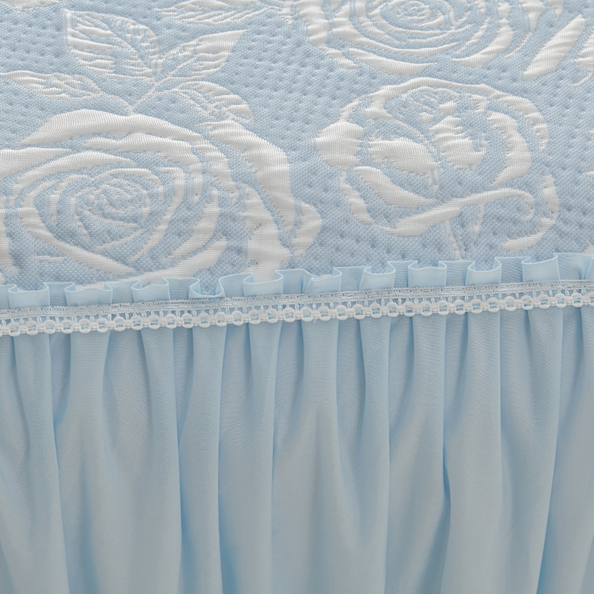 91家纺网 家纺一手货源 找家纺 绘萱家居 2026春夏新款530克PE100%提花冰凉豆豆床裙款凉席席子空调软席 玫瑰花香-蓝