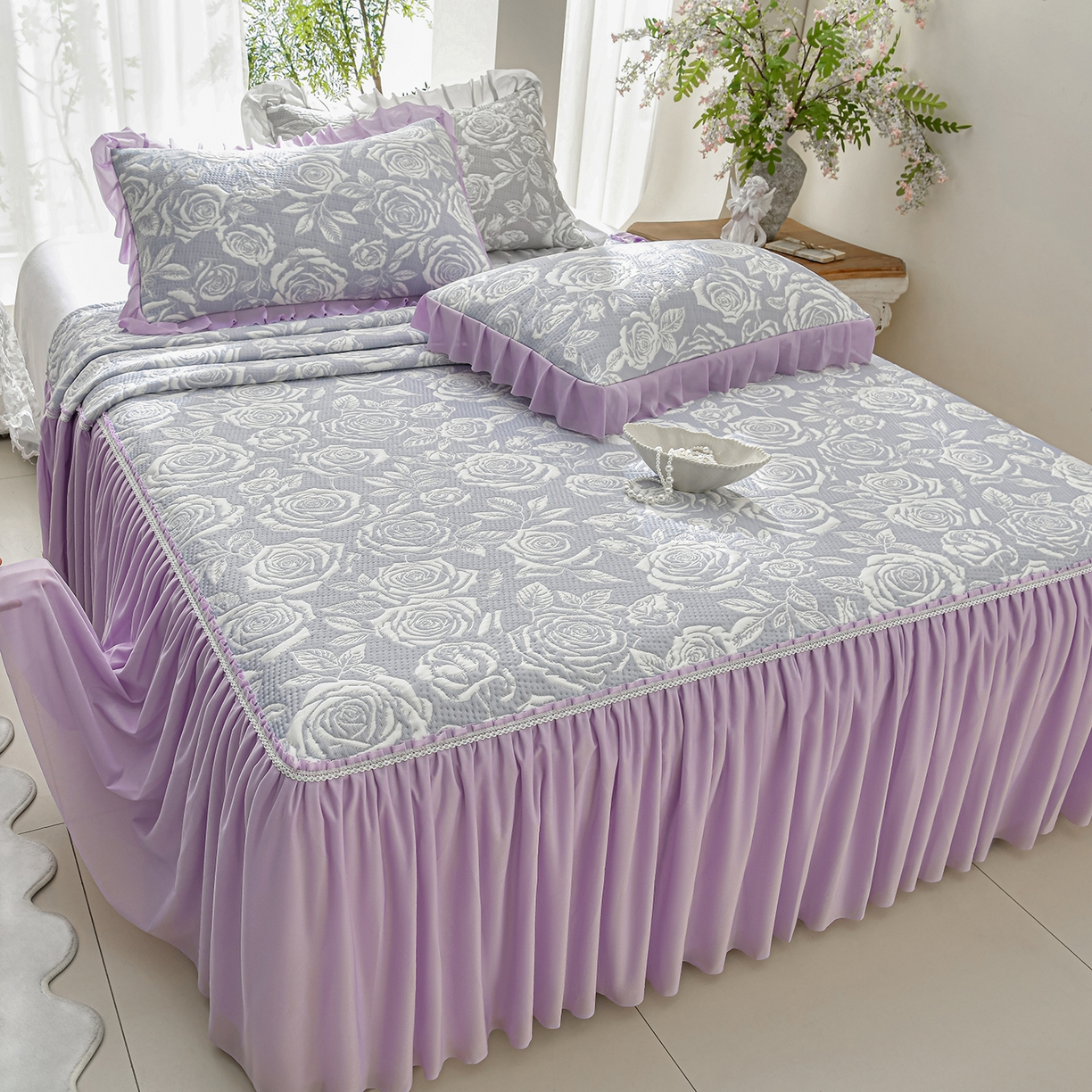 绘萱家居 2026春夏新款530克PE100%提花冰凉豆豆床裙款凉席席子空调软席 玫瑰花香-紫