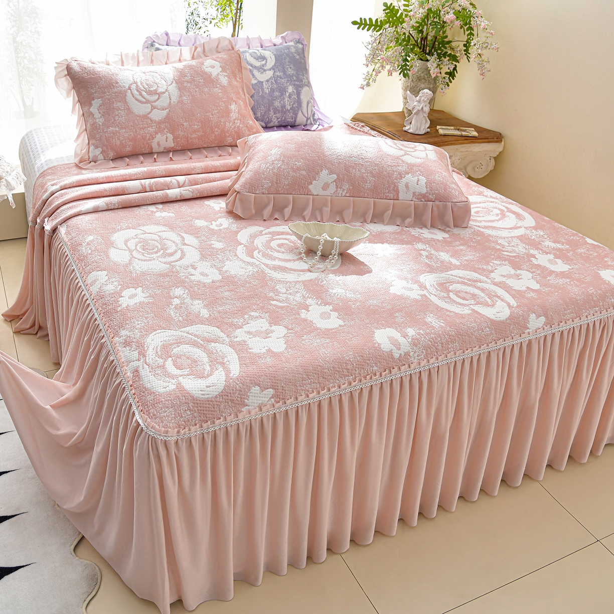 绘萱家居 2026春夏新款530克PE100%提花冰凉豆豆床裙款凉席席子空调软席 云裳玫瑰-粉