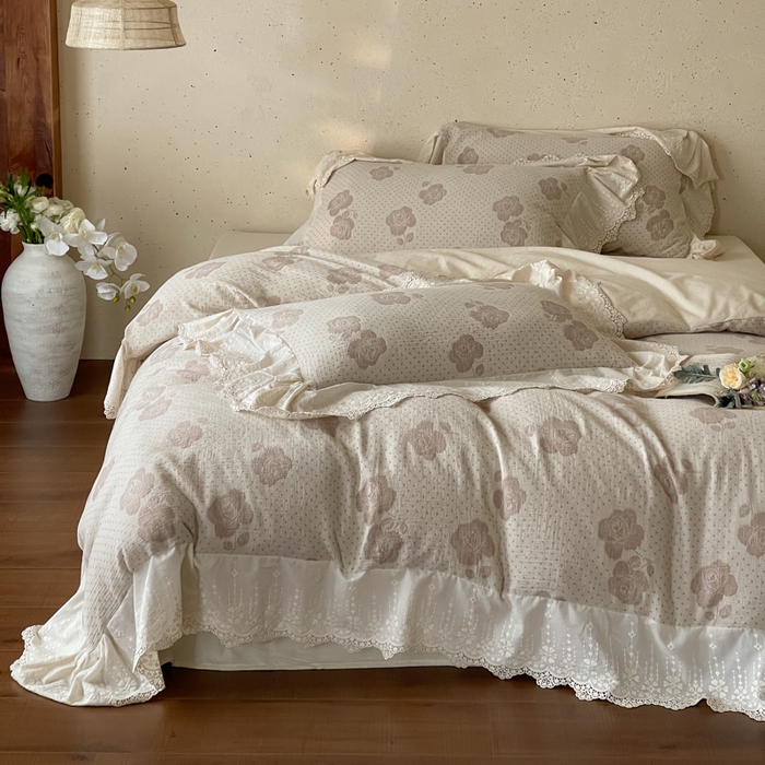 91家纺网 家纺一手货源 找家纺 （总）玛奇朵 2026新款法式浪漫棉麻双层纱提花四件套-春缇玫瑰