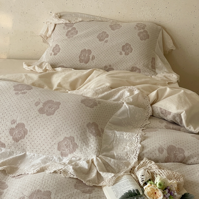 91家纺网 家纺一手货源 找家纺 （总）玛奇朵 2026新款法式浪漫棉麻双层纱提花四件套-春缇玫瑰