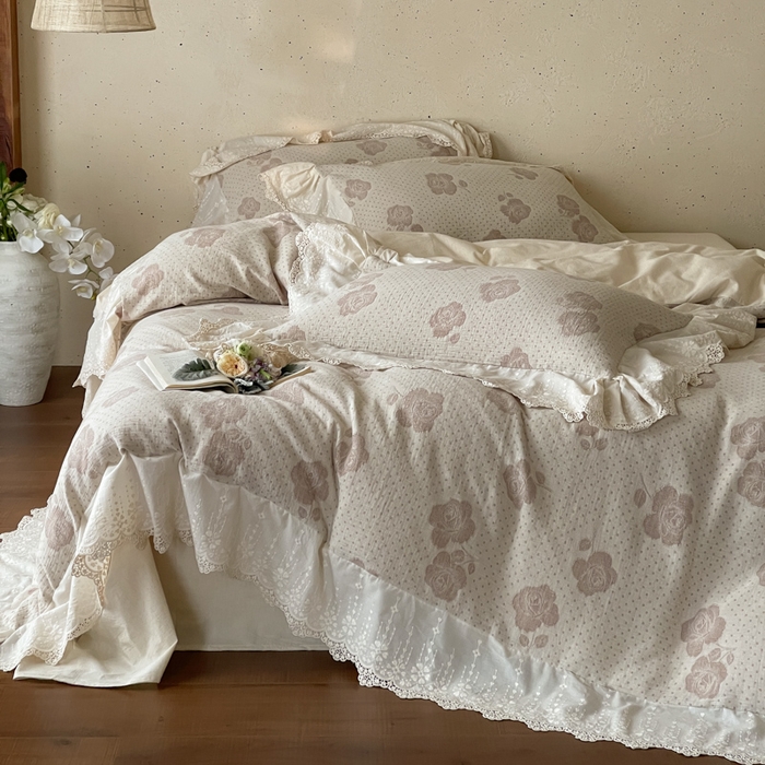 91家纺网 家纺一手货源 找家纺 （总）玛奇朵 2026新款法式浪漫棉麻双层纱提花四件套-春缇玫瑰