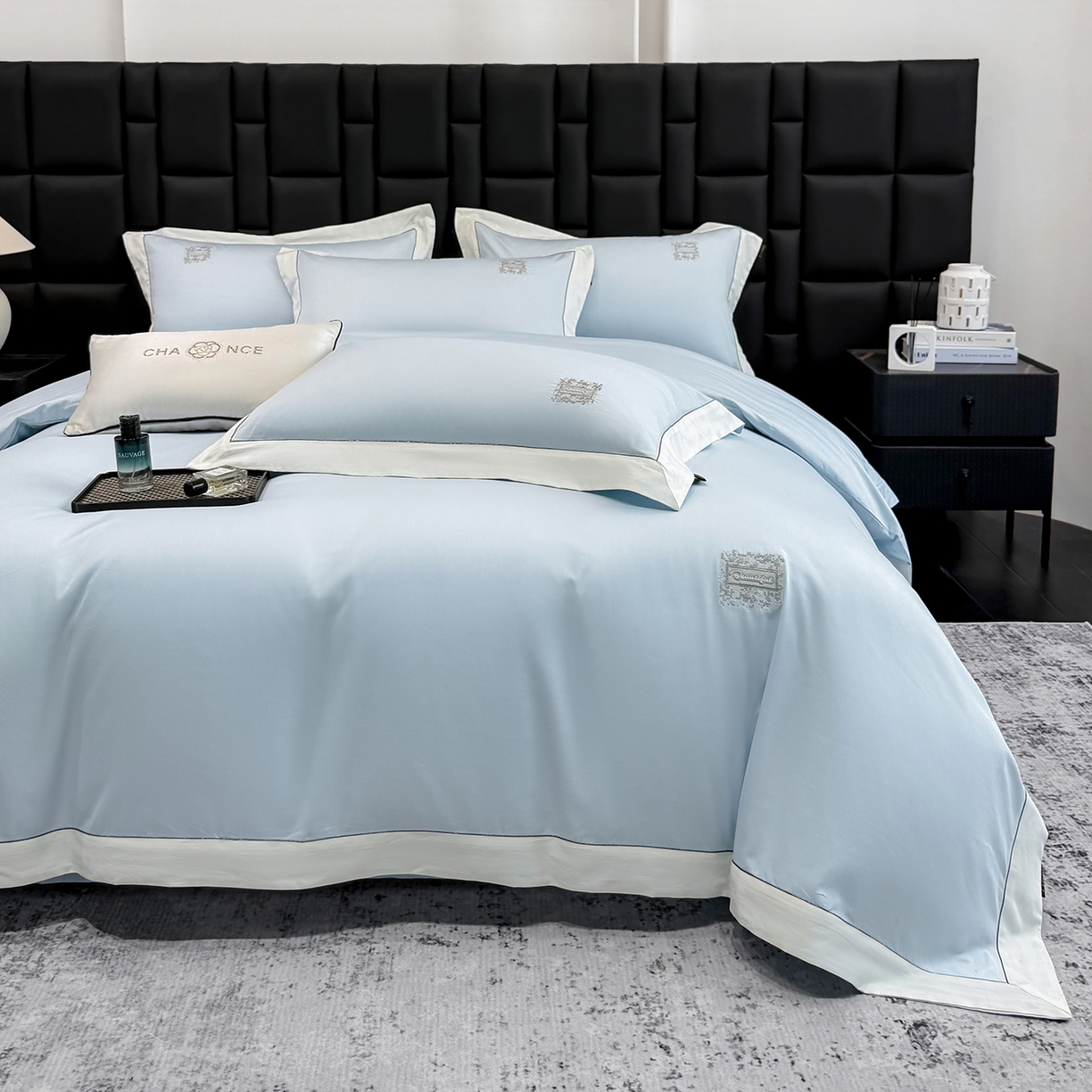 91家纺网 家纺一手货源 找家纺 欣宜家纺 2026新款A类100支全棉纯棉50x50s埃及贡缎长绒棉刺绣绣花四件套-仙本娜（控价 券后标准不低于288元） 仙本娜 天空蓝