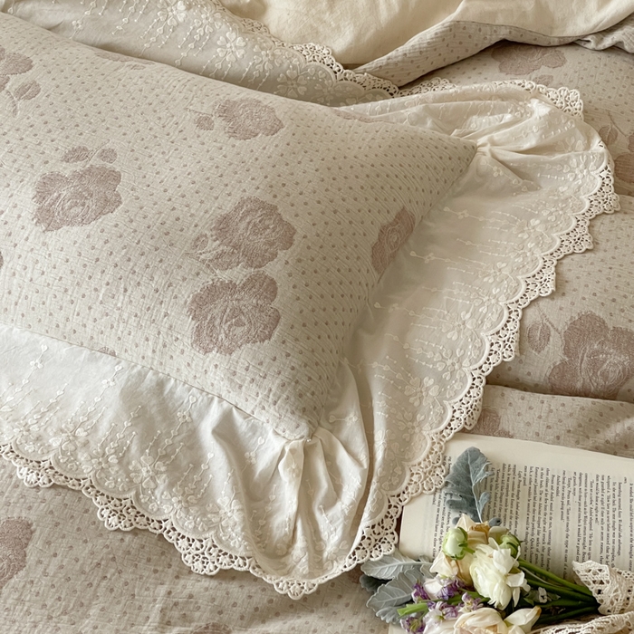 91家纺网 家纺一手货源 找家纺 （总）玛奇朵 2026新款法式浪漫棉麻双层纱提花四件套-春缇玫瑰