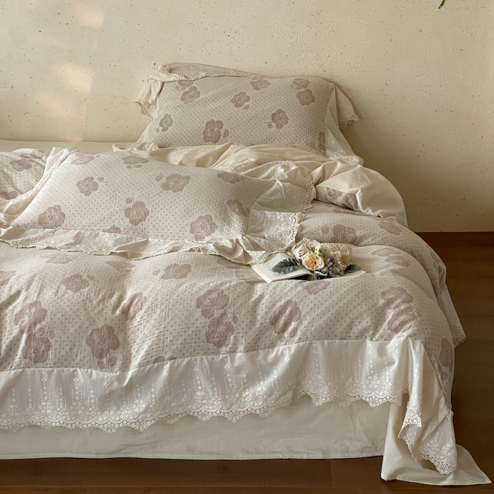 91家纺网 家纺一手货源 找家纺 （总）玛奇朵 2026新款法式浪漫棉麻双层纱提花四件套-春缇玫瑰