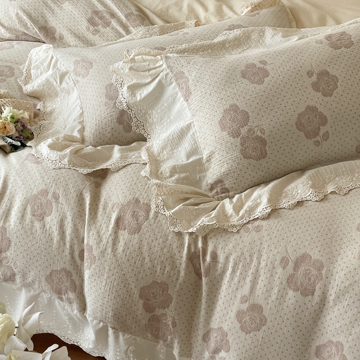 91家纺网 家纺一手货源 找家纺 （总）玛奇朵 2026新款法式浪漫棉麻双层纱提花四件套-春缇玫瑰