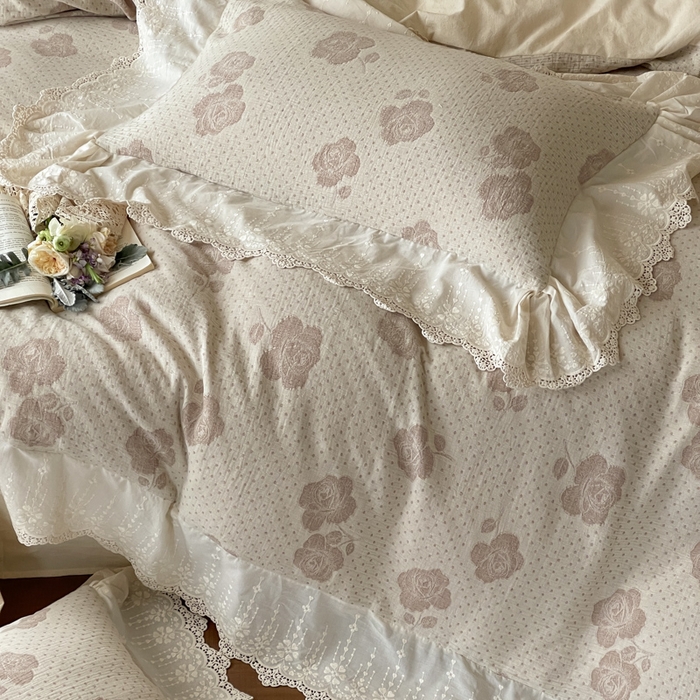 91家纺网 家纺一手货源 找家纺 （总）玛奇朵 2026新款法式浪漫棉麻双层纱提花四件套-春缇玫瑰