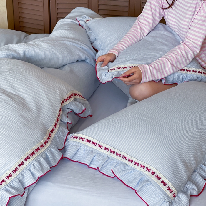 91家纺网 家纺一手货源 找家纺 （总）玛奇朵 2026新款韩式少女花边刺绣A类双层皱纱四件套