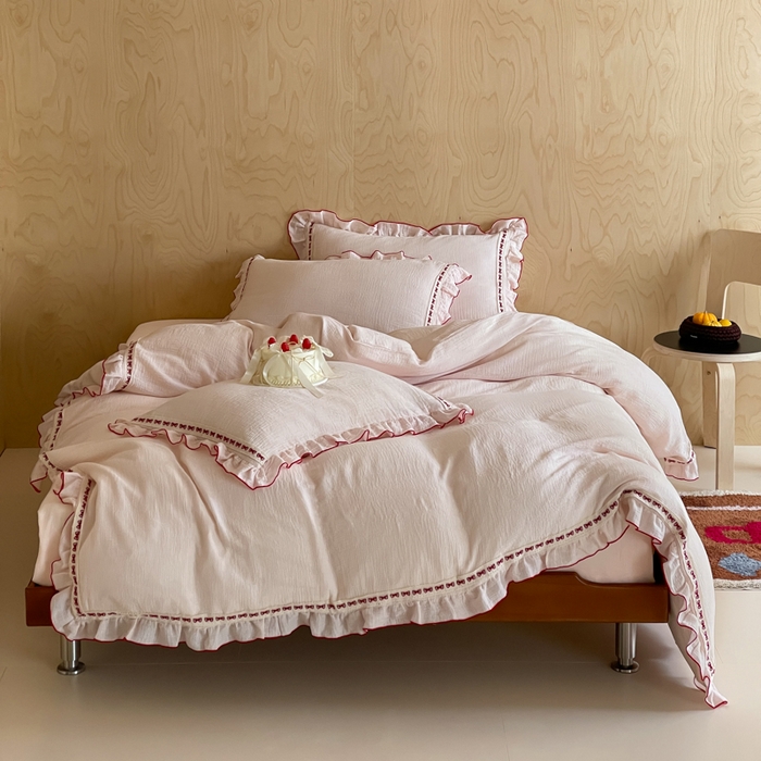 玛奇朵 2026新款韩式少女花边刺绣A类双层皱纱四件套 樱花手札