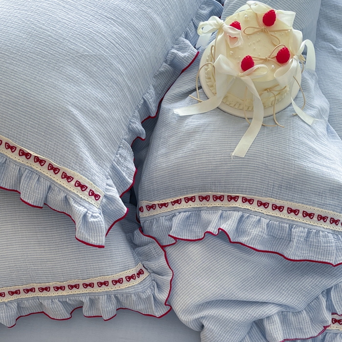 91家纺网 家纺一手货源 找家纺 玛奇朵 2026新款韩式少女花边刺绣A类双层皱纱四件套 蓝风信屿