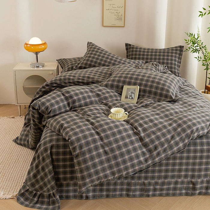 91家纺网 家纺一手货源 找家纺 木易 2026新款全棉色织水洗棉四件套 玛丽灰