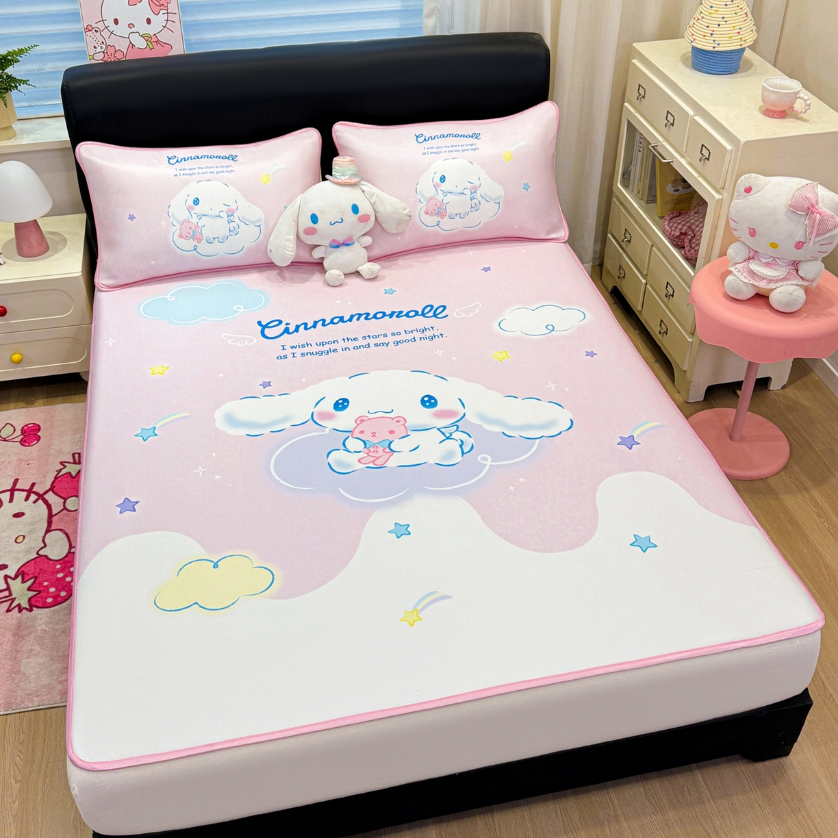 91家纺网 家纺一手货源 找家纺 博雅 2026三丽鸥大阪A类小冰皮数码印花凉席 小冰皮凉席-粉色星星玉桂狗