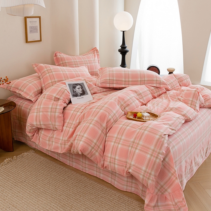 91家纺网 家纺一手货源 找家纺 木易 2026新款全棉色织水洗棉四件套 泰诺-粉