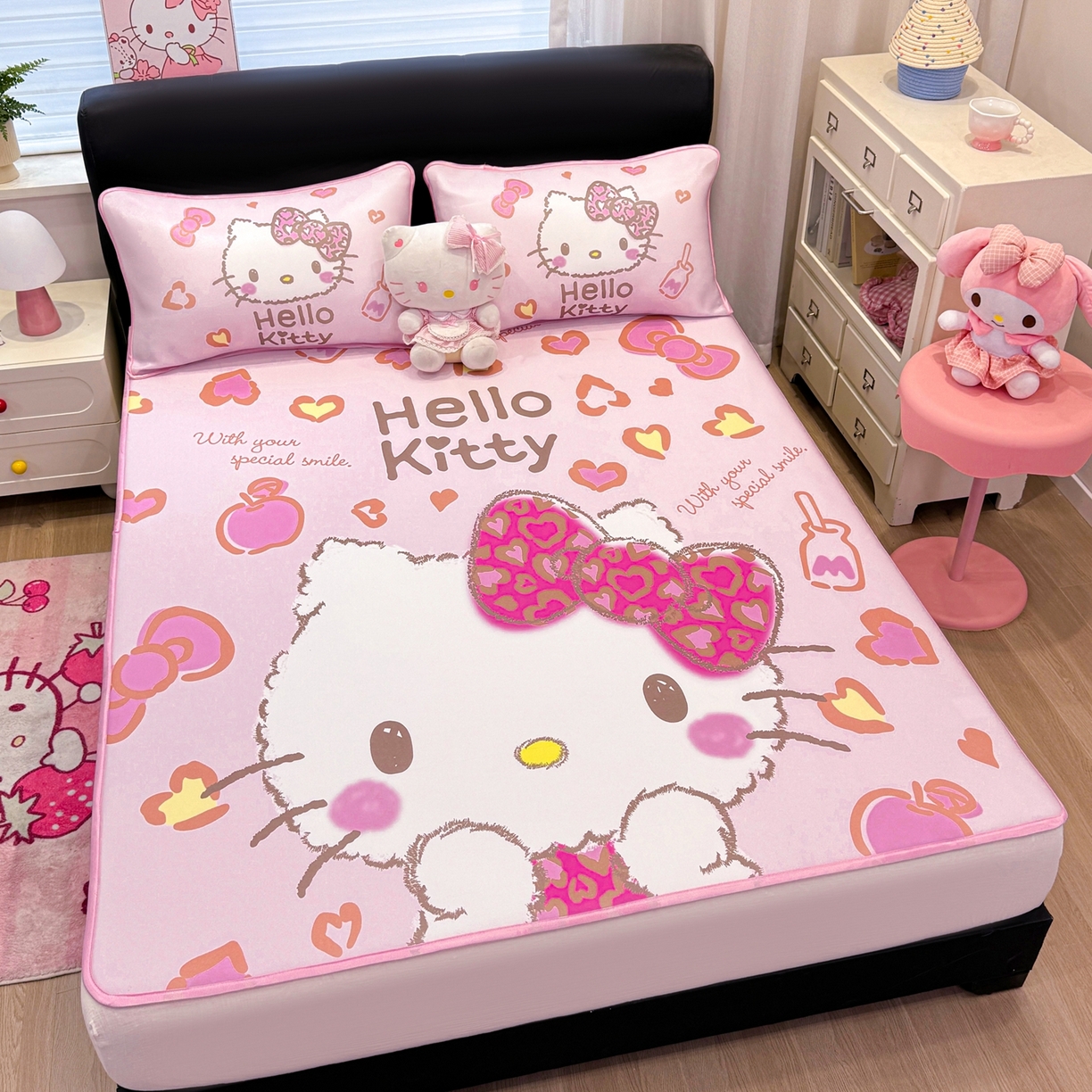 91家纺网 家纺一手货源 找家纺 博雅 2026三丽鸥大阪A类小冰皮数码印花凉席 小冰皮凉席-甜酷KT