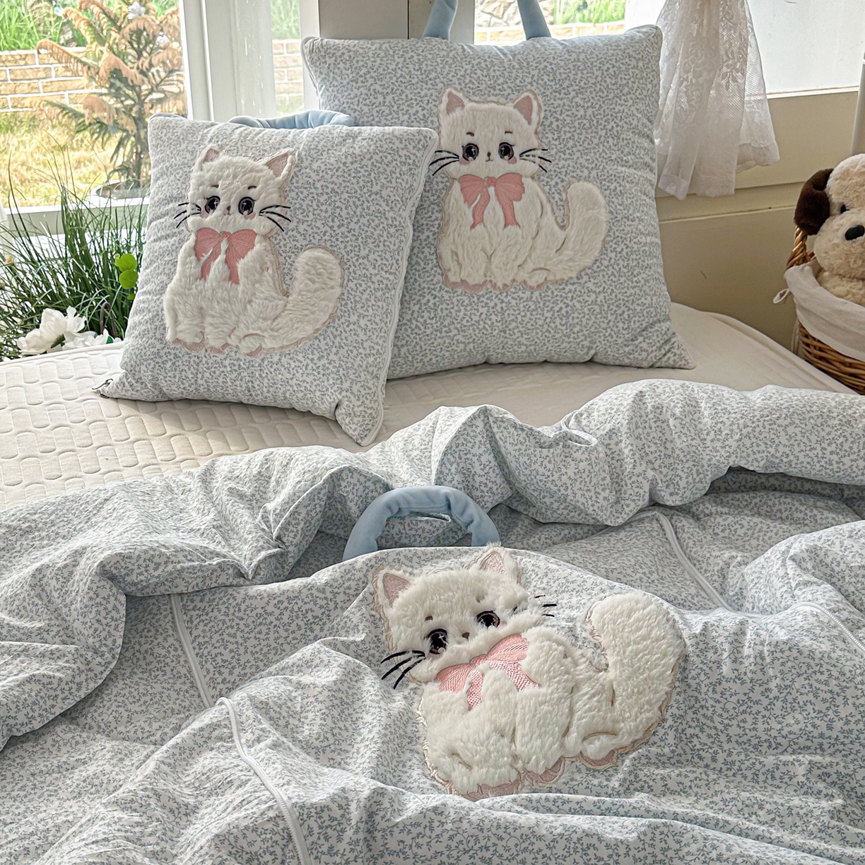 番茄+ 2026新款ins风猫咪抱枕被 奶芙猫-碎花蓝