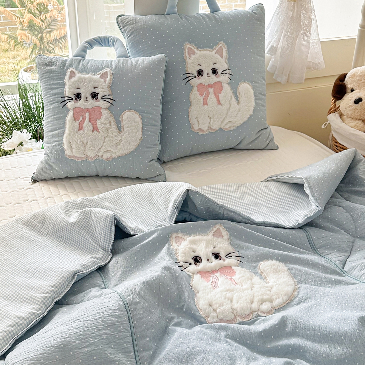 番茄+ 2026新款ins风猫咪抱枕被 奶芙猫-波点蓝