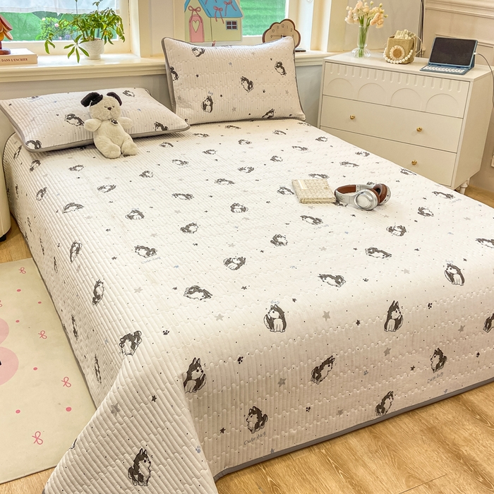 91家纺网 家纺一手货源 找家纺 喜居 2026新款A类双面泡芙双层纱夹棉床盖 双层纱夹棉床盖-酷酷哈士奇