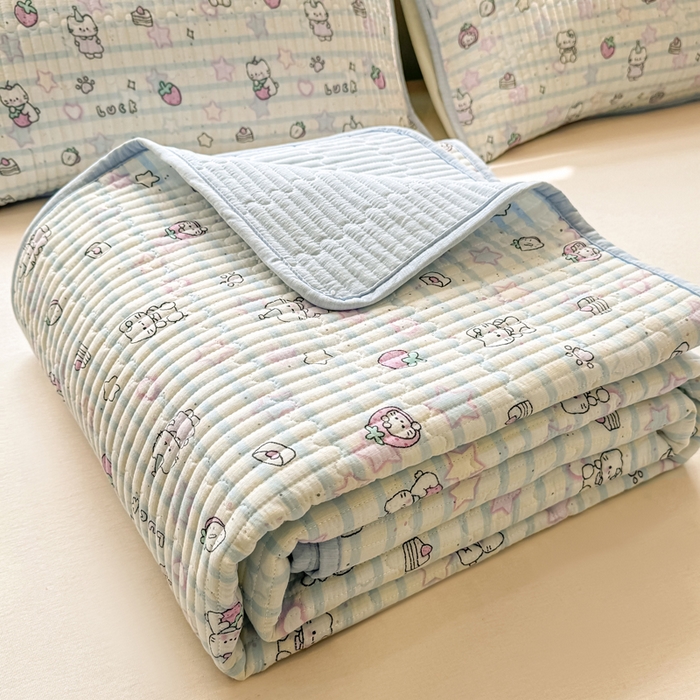 91家纺网 家纺一手货源 找家纺 喜居 2026新款A类双面泡芙双层纱夹棉床盖 双层纱夹棉床盖-蓝色星愿