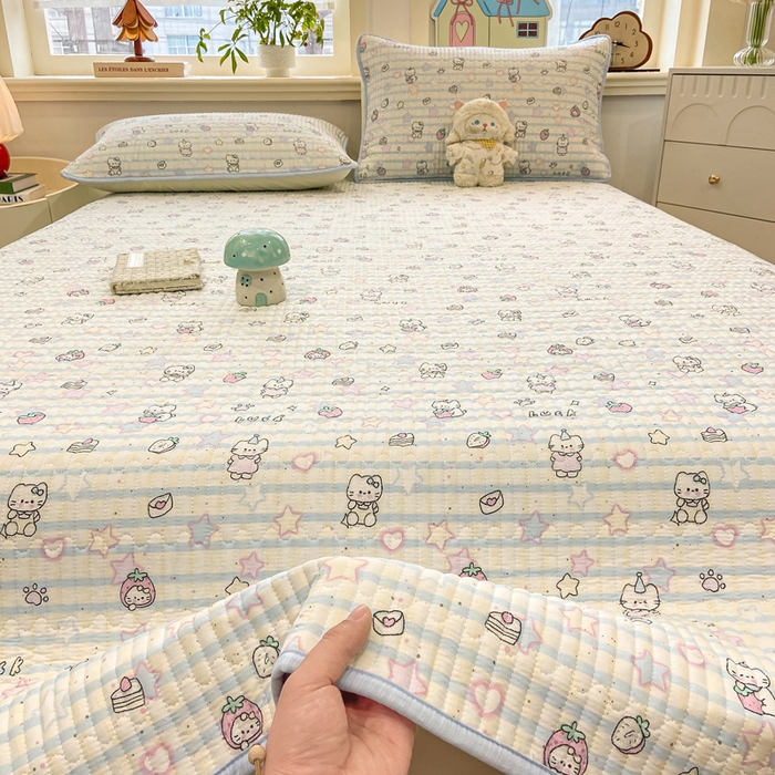 91家纺网 家纺一手货源 找家纺 喜居 2026新款A类双面泡芙双层纱夹棉床盖 双层纱夹棉床盖-蓝色星愿