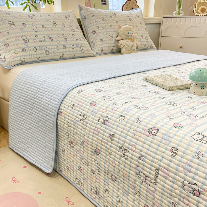 91家纺网 家纺一手货源 找家纺 喜居 2026新款A类双面泡芙双层纱夹棉床盖 双层纱夹棉床盖-蓝色星愿