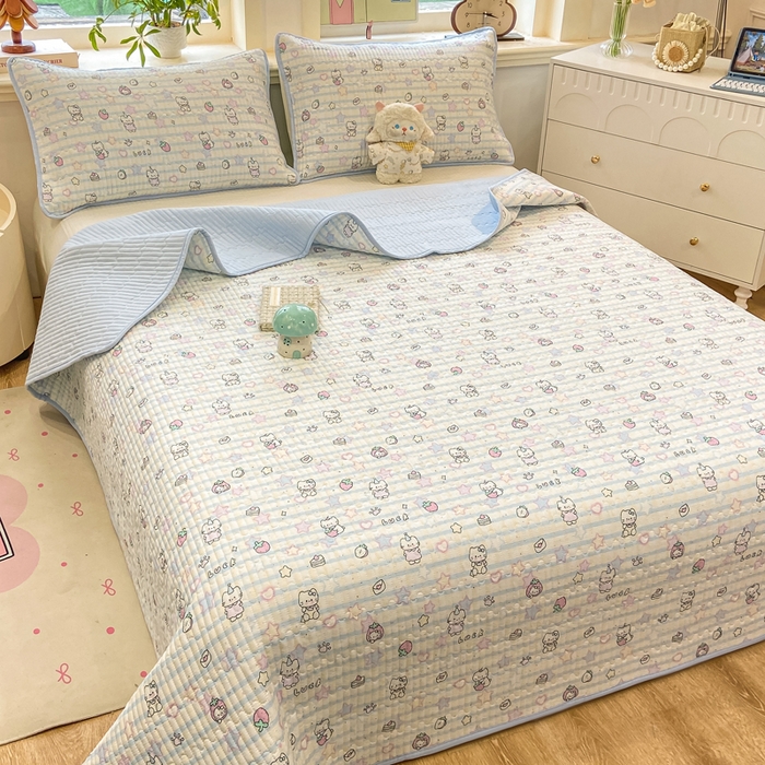 91家纺网 家纺一手货源 找家纺 喜居 2026新款A类双面泡芙双层纱夹棉床盖 双层纱夹棉床盖-蓝色星愿