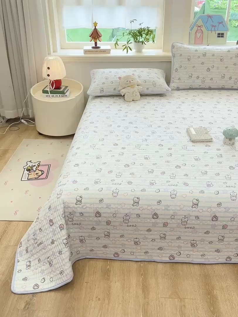 91家纺网 家纺一手货源 找家纺 喜居 2026新款A类双面泡芙双层纱夹棉床盖 双层纱夹棉床盖-蓝色星愿