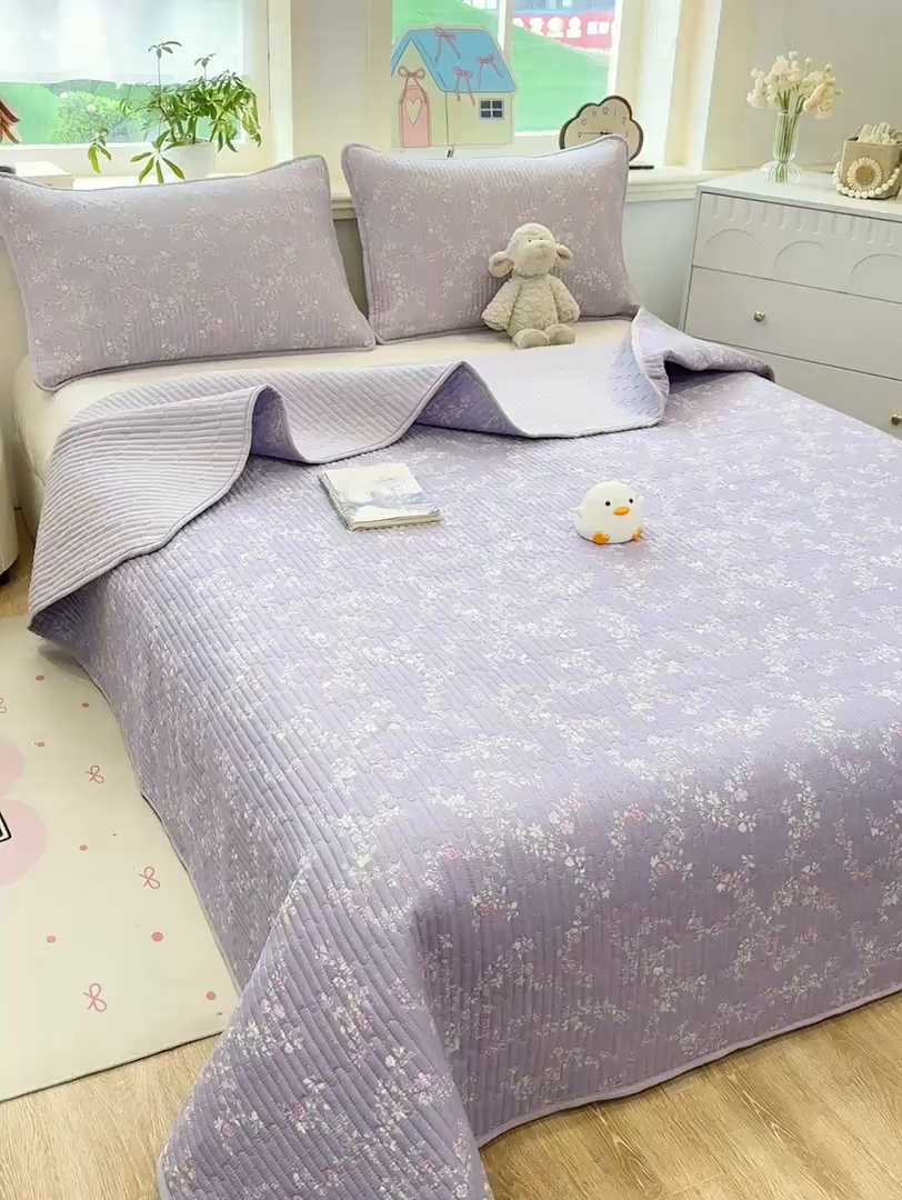 91家纺网 家纺一手货源 找家纺 喜居 2026新款A类双面泡芙双层纱夹棉床盖 双层纱夹棉床盖-紫色花海