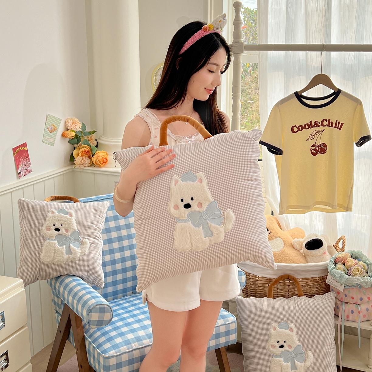 91家纺网 家纺一手货源 找家纺 番茄+ .2026新款甜雾西高地抱枕被 甜雾西高地-咖