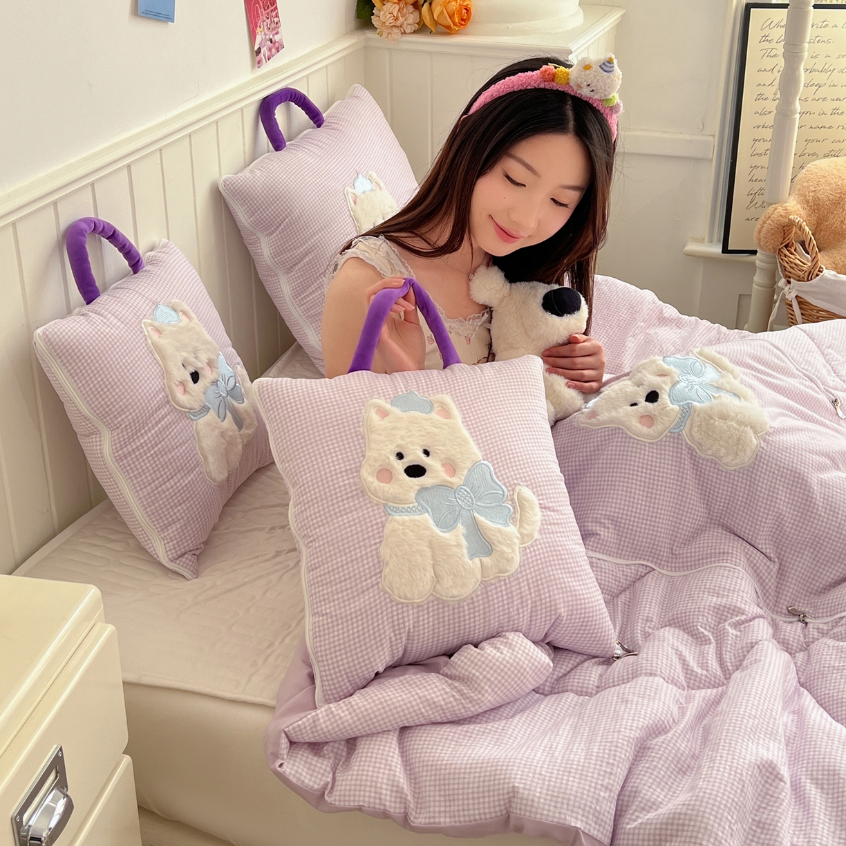 91家纺网 家纺一手货源 找家纺 番茄+ .2026新款甜雾西高地抱枕被 甜雾西高地-紫