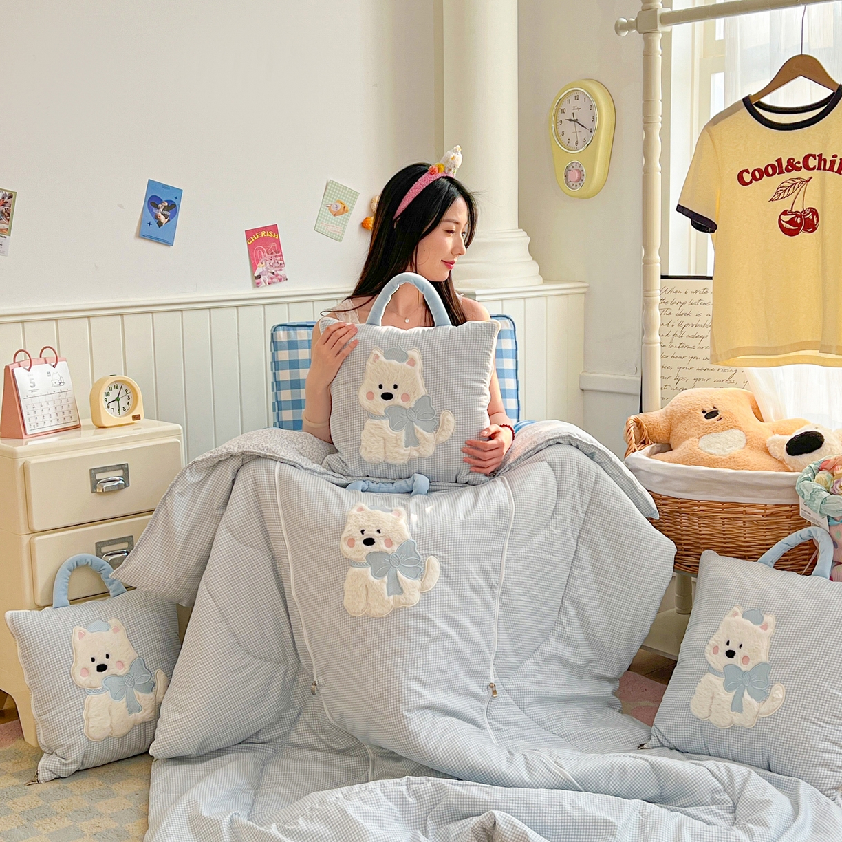 91家纺网 家纺一手货源 找家纺 番茄+ .2026新款甜雾西高地抱枕被 甜雾西高地-蓝