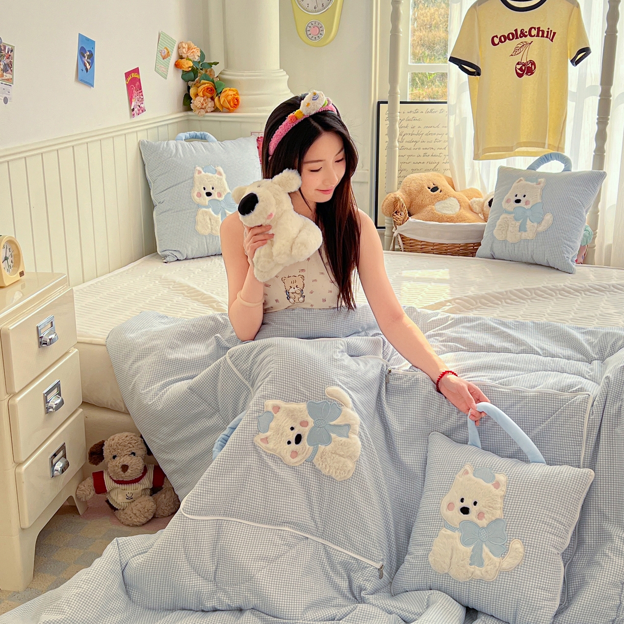 91家纺网 家纺一手货源 找家纺 番茄+ .2026新款甜雾西高地抱枕被 甜雾西高地-蓝