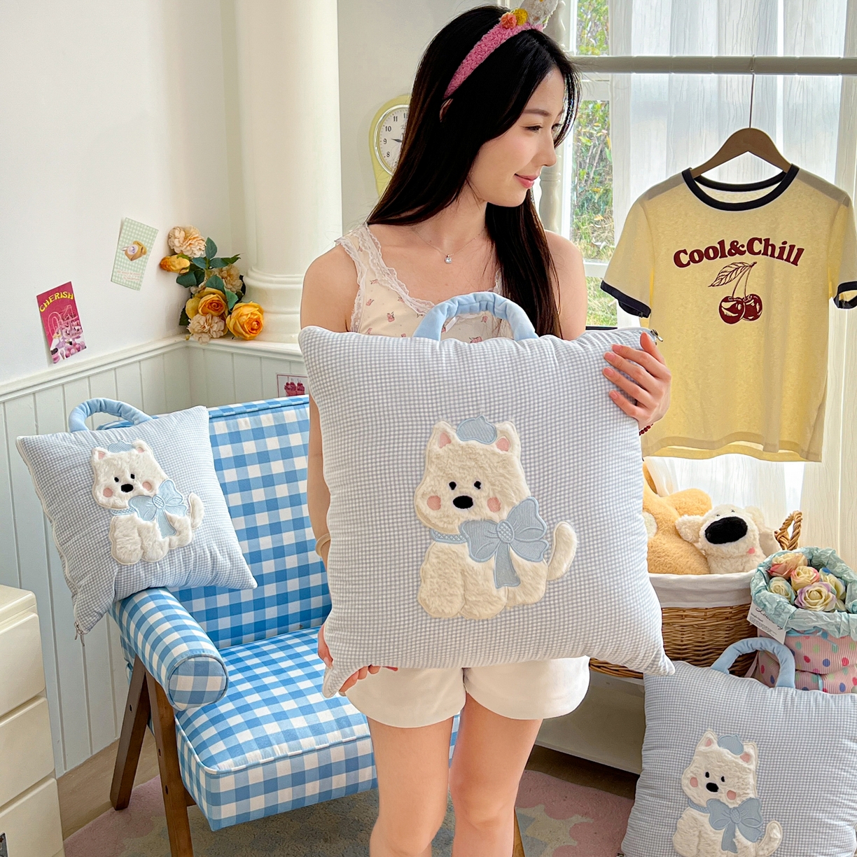 91家纺网 家纺一手货源 找家纺 番茄+ .2026新款甜雾西高地抱枕被 甜雾西高地-蓝