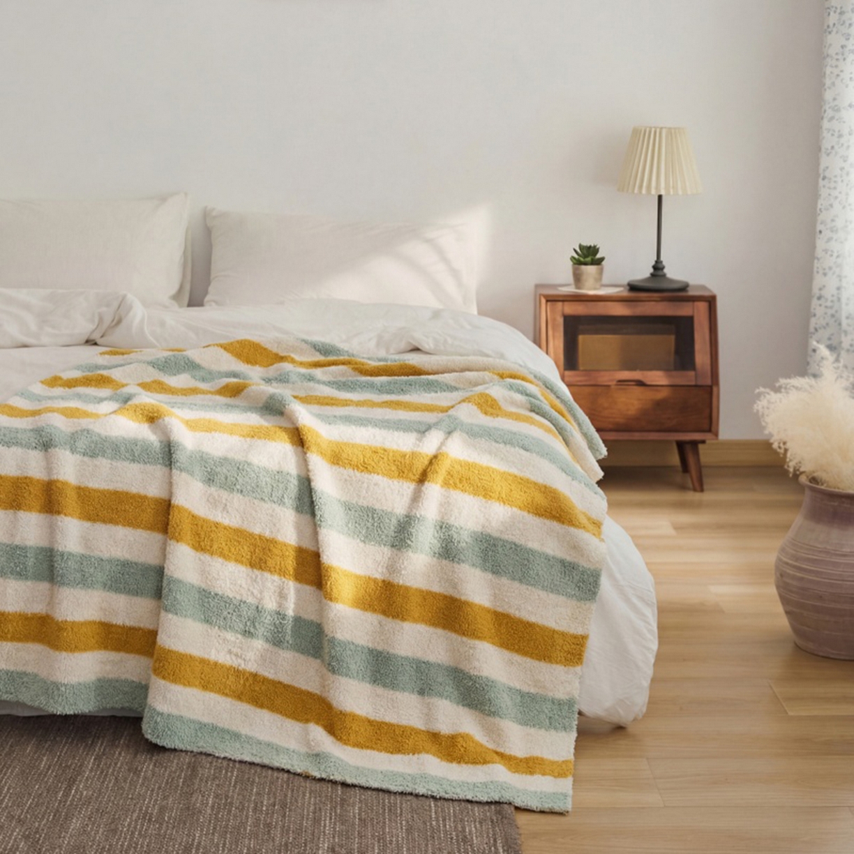 91家纺网 家纺一手货源 找家纺 暖绵绵家纺 2026新款简约现代条纹时尚毯子-琪拉 草黄色