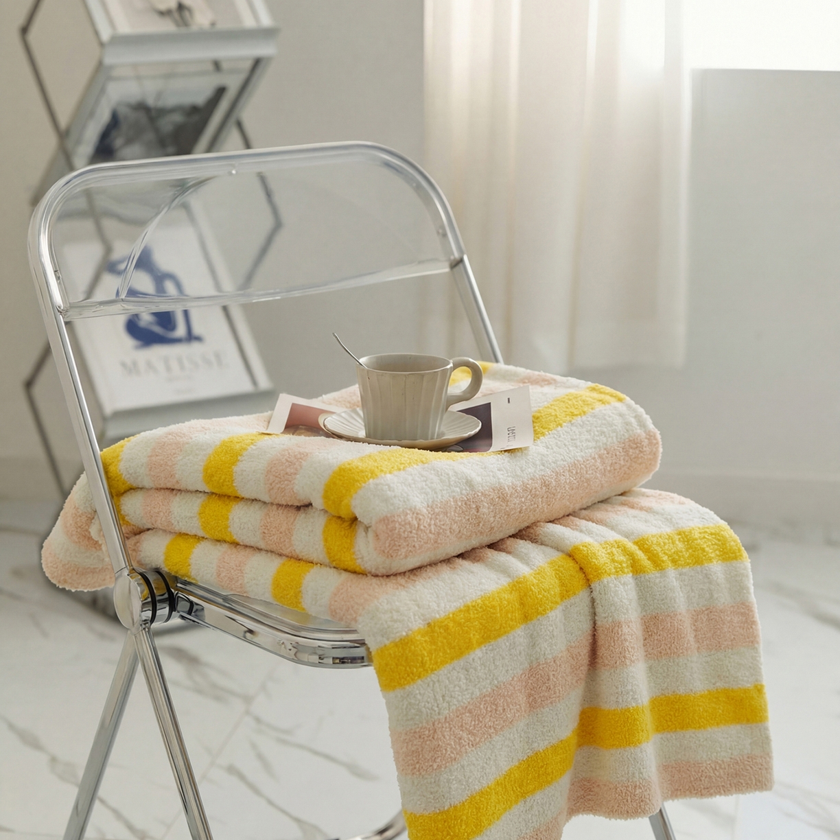 91家纺网 家纺一手货源 找家纺 暖绵绵家纺 2026新款简约现代条纹时尚毯子-琪拉 桔黄色