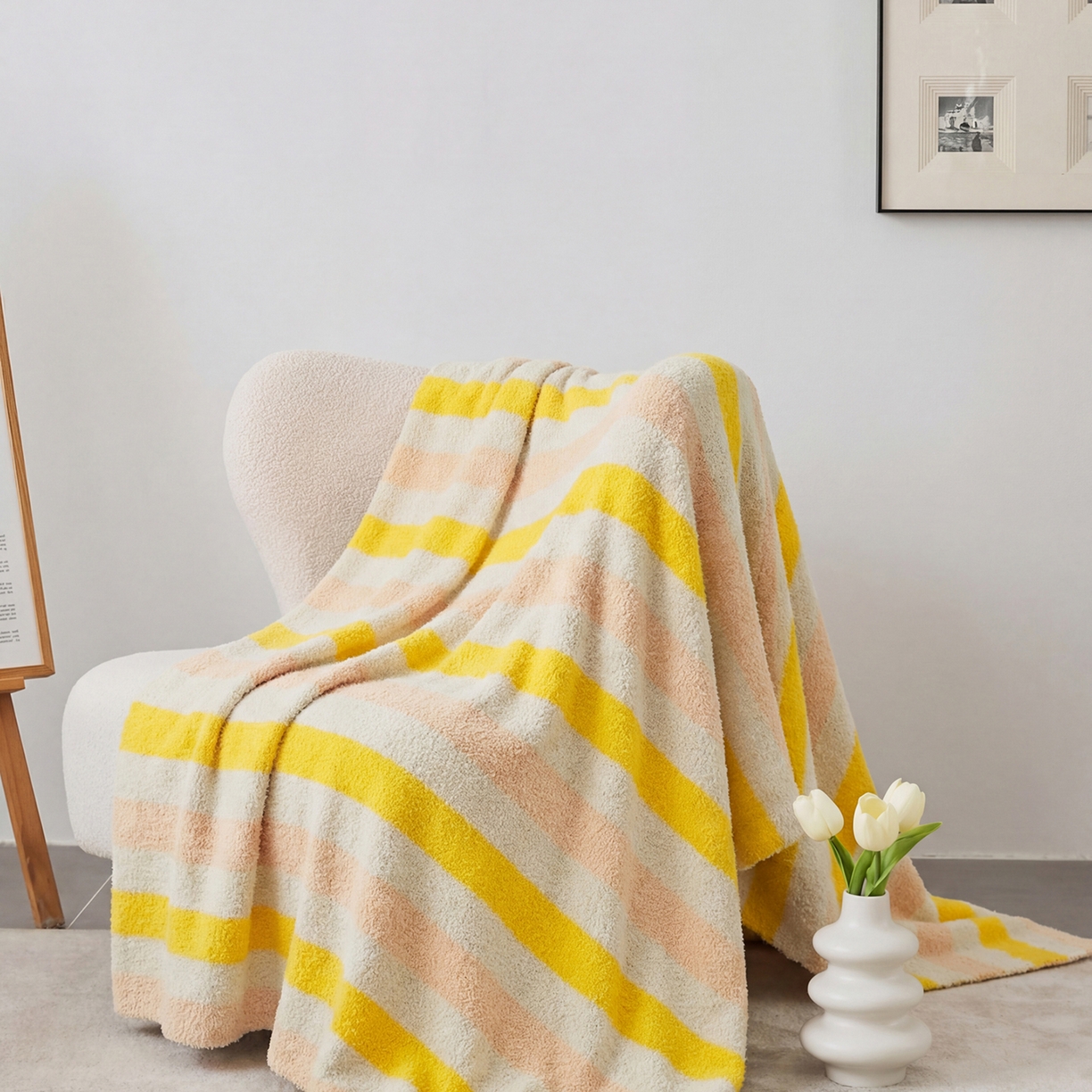 91家纺网 家纺一手货源 找家纺 暖绵绵家纺 2026新款简约现代条纹时尚毯子-琪拉 桔黄色