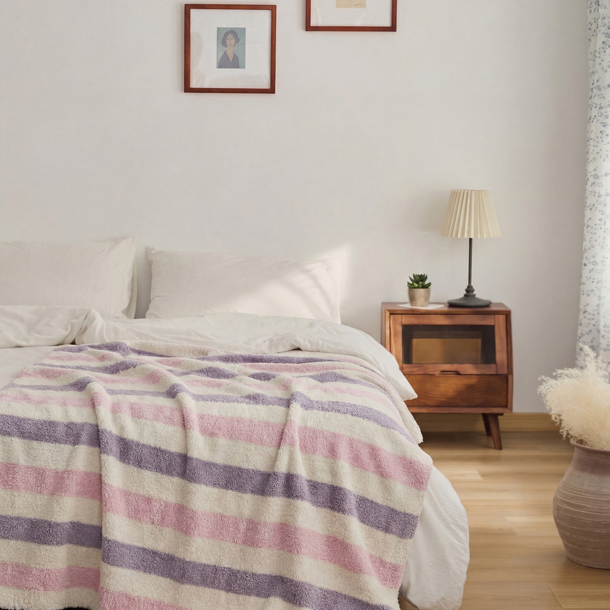 91家纺网 家纺一手货源 找家纺 暖绵绵家纺 2026新款简约现代条纹时尚毯子-琪拉 粉紫色