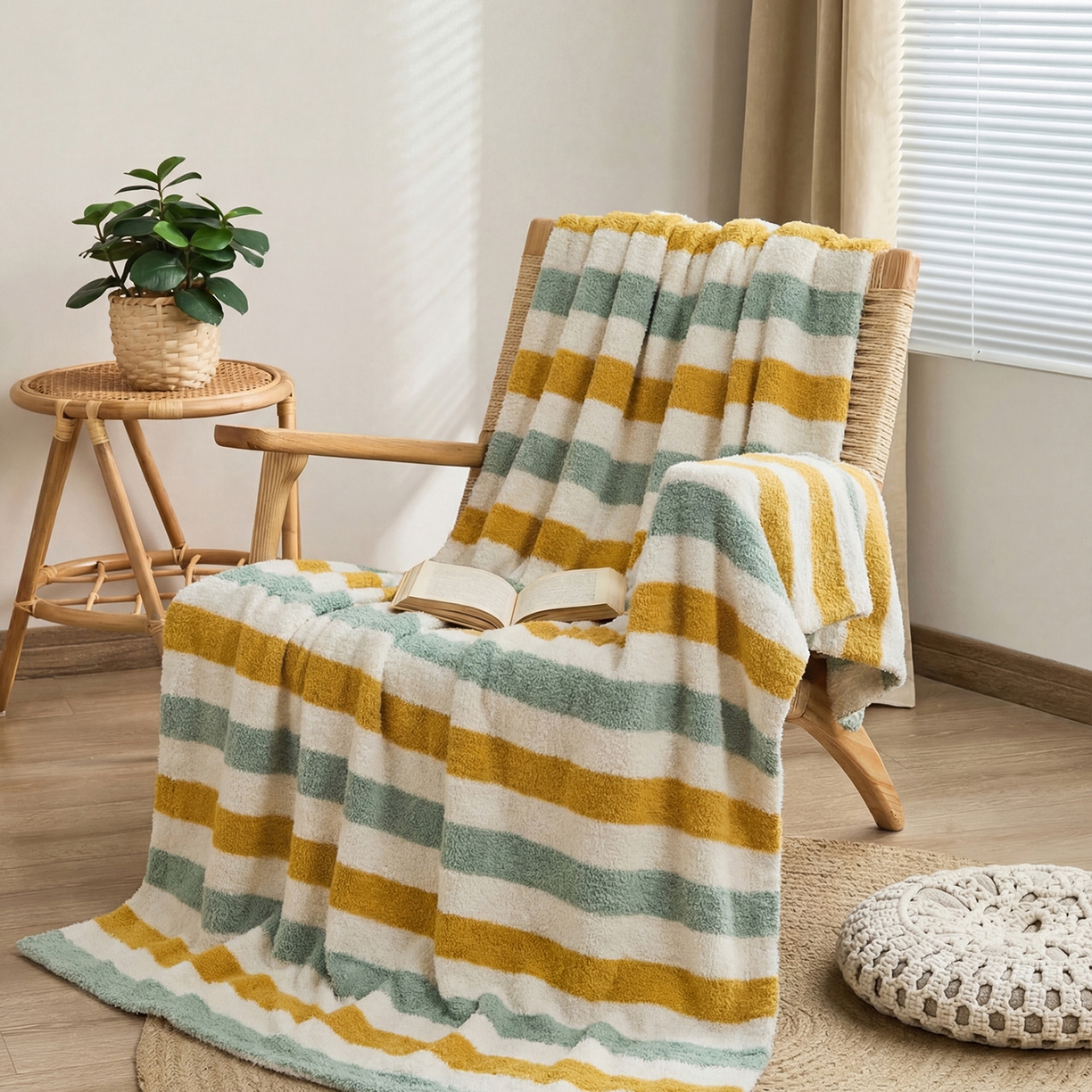 91家纺网 家纺一手货源 找家纺 暖绵绵家纺 2026新款简约现代条纹时尚毯子-琪拉 草黄色