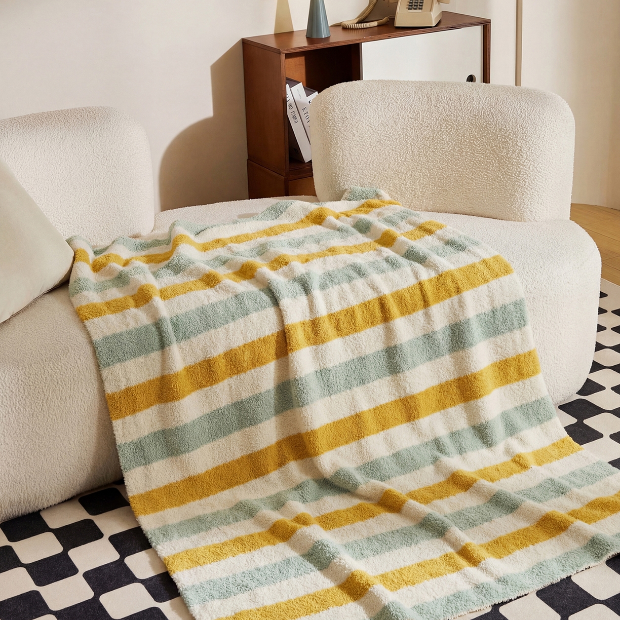 91家纺网 家纺一手货源 找家纺 暖绵绵家纺 2026新款简约现代条纹时尚毯子-琪拉 草黄色