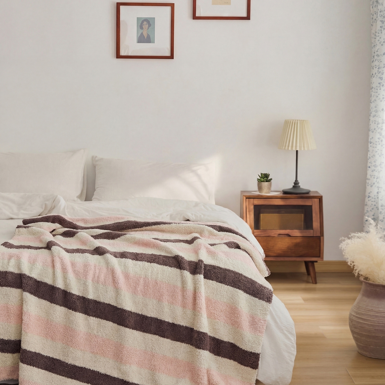 91家纺网 家纺一手货源 找家纺 暖绵绵家纺 2026新款简约现代条纹时尚毯子-琪拉 深咖色