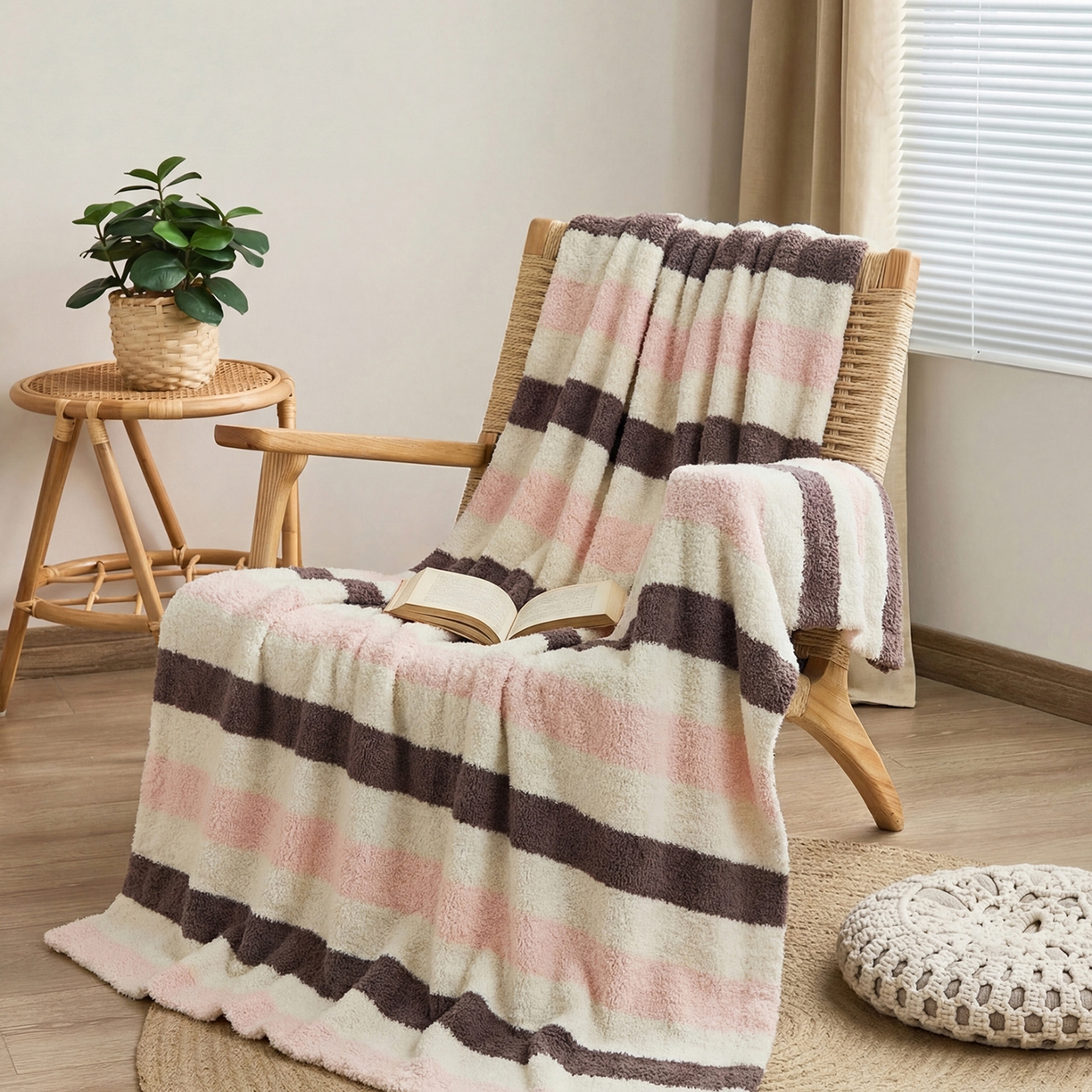 91家纺网 家纺一手货源 找家纺 暖绵绵家纺 2026新款简约现代条纹时尚毯子-琪拉 深咖色