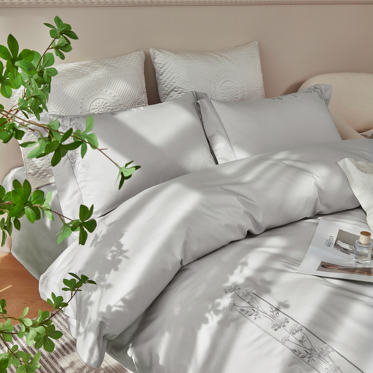 91家纺网 家纺一手货源 找家纺 榻尚家居 2026新款百支锦棉纯棉绣花工艺款四件套-暗香 暗香-灰