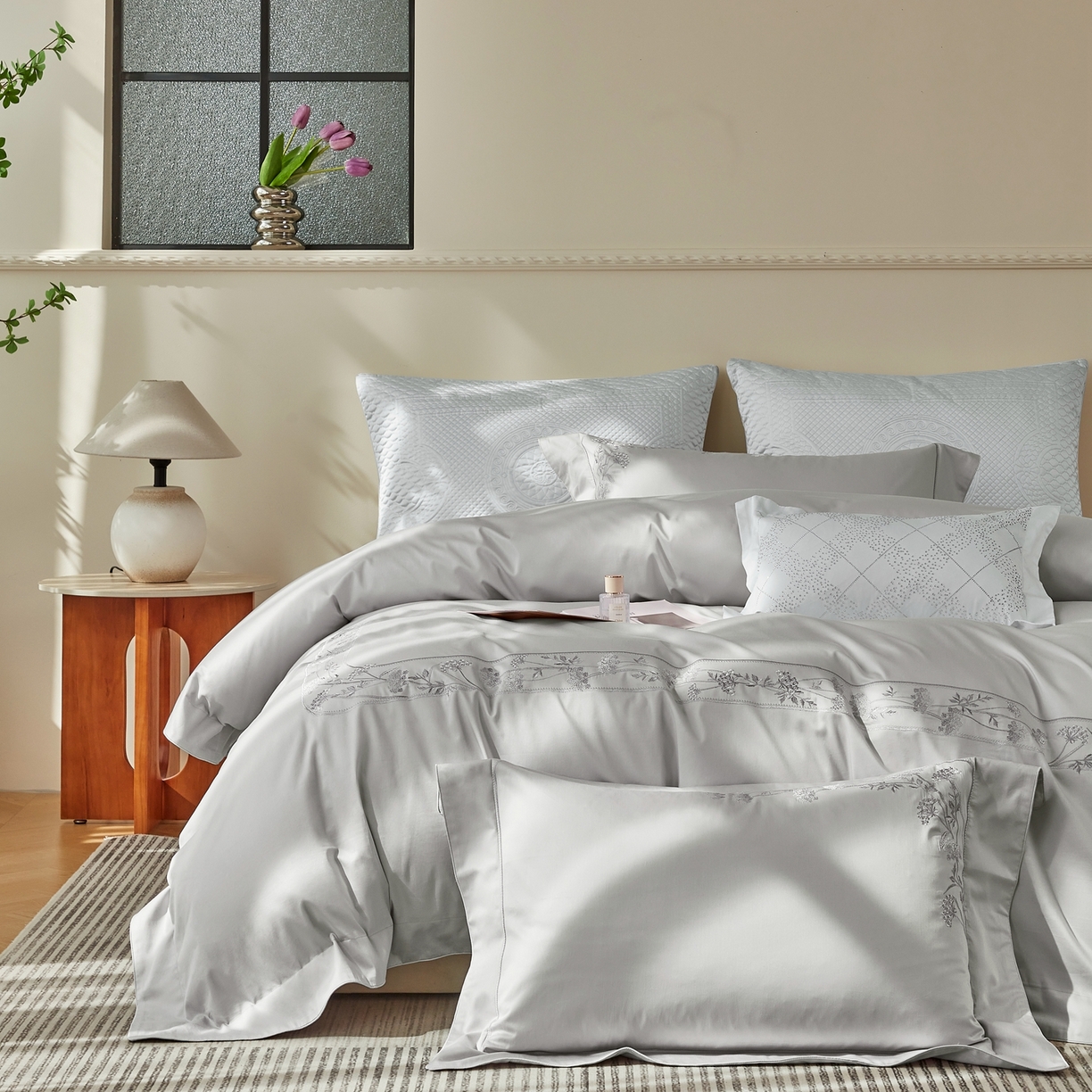 91家纺网 家纺一手货源 找家纺 榻尚家居 2026新款百支锦棉纯棉绣花工艺款四件套-暗香 暗香-灰